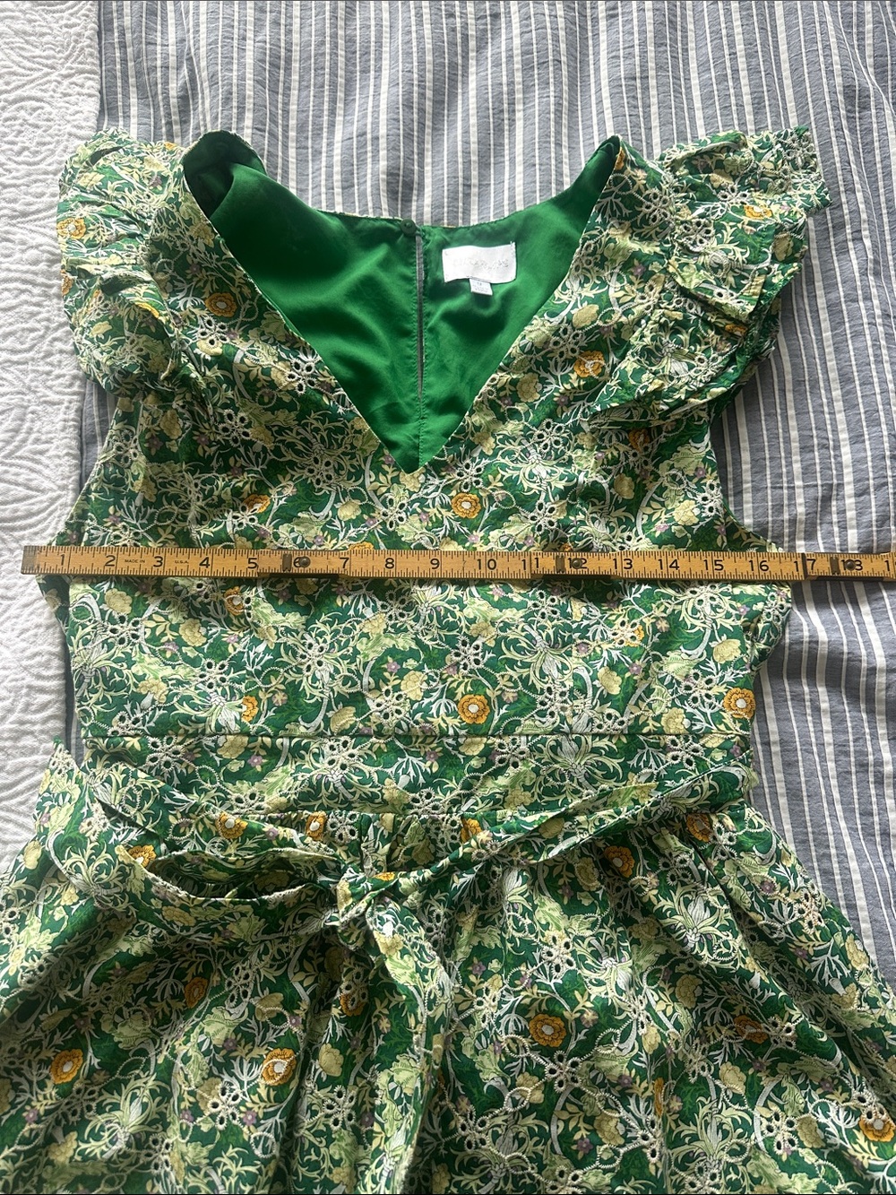 Sugarlips Green Floral Ruffle Eyelet Mini Dress with Yellow Accents - Picture 7 of 7